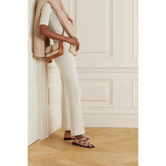 AAIZEL Pants Womens 10‎ US 6 Ecru Ribbed-Knit Flared Pants Stretch Pull On - Picture 1 of 13